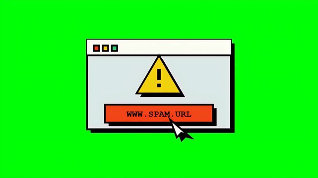 Retro computer window animation showing a warning sign and a suspicious spam link button with a mouse cursor.
