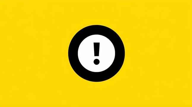 Simple flat warning icon with a white exclamation mark in a black circle on a vibrant yellow background, symbolizing caution, alert, error, or important information