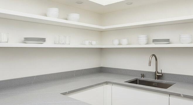 Minimalist kitchen corner with white shelves and gray countertop white dishes