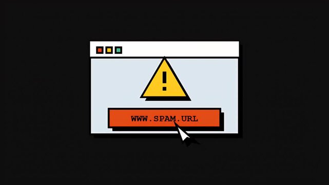 An animated graphic showing a browser window with a warning sign and a button for a suspicious spam website url