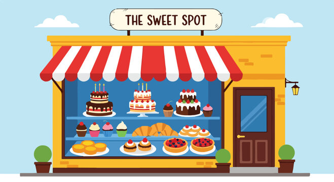 Colorful cartoon bakery storefront with sweets and desserts