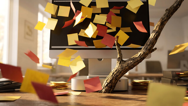 Computer monitor with colorful sticky notes falling off like autumn maple leaves