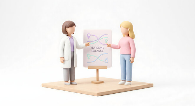 更年期のホルモンバランスについて医師に相談する女性の3Dイラスト アイソメトリック
