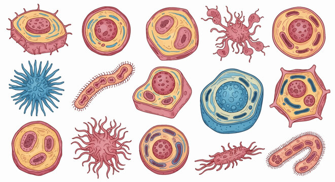 Collection of hand-drawn scientific illustrations featuring various biological cells, microorganisms, bacteria, and viruses with detailed internal structures, nuclei, and organelles.