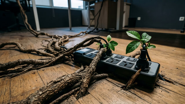 Power strip with thick gnarled tree roots as cables digging into a wood floor
