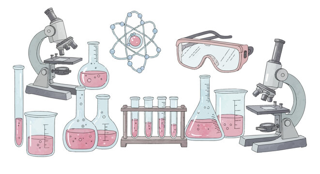 Watercolor illustration of science laboratory equipment featuring microscopes, test tubes in a rack, beakers, atom model, safety goggles, and glass flasks with pink liquid on white.