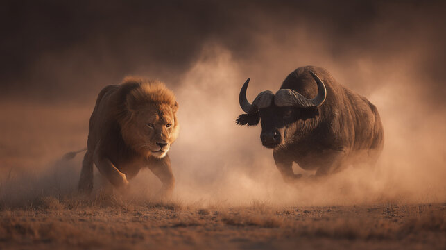 Lion confronting a charging buffalo in a dusty African savanna, capturing raw wildlife tension, predator instinct, danger, and dramatic survival action.