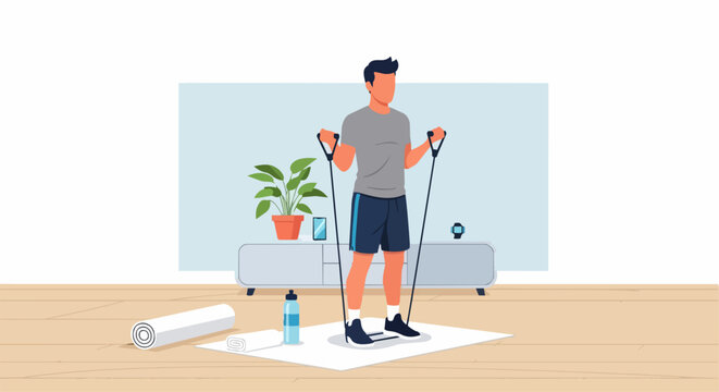 Man exercising with resistance band indoor flat illustration