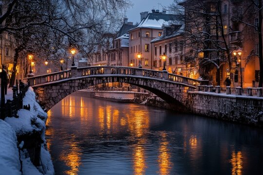 Historic Stone Bridge Over Calm River at Night with Streetlight Glow