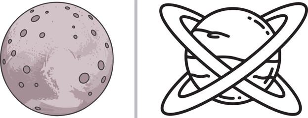 Set of space planet icons including cratered moon and ringed planet vector isolated on white background © reza