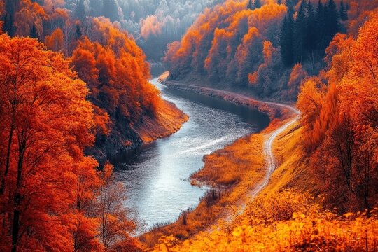 Vibrant Autumn Forest with Colorful Trees and Winding River in Sigulda