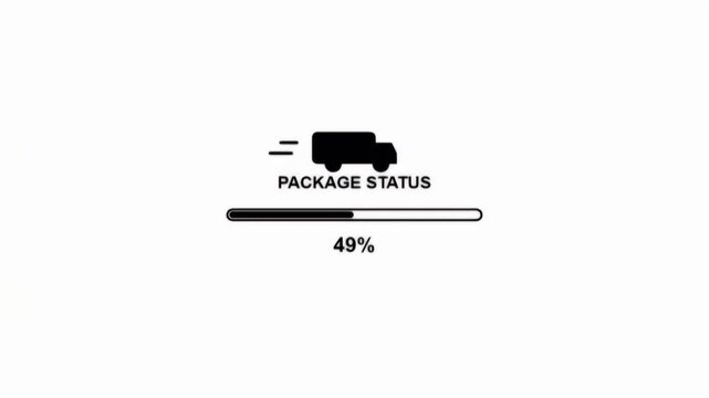 An animated package status loading bar with a delivery truck icon displays the progress of a shipment.