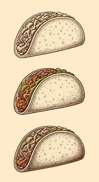 Three hand-drawn vintage style illustrations of Mexican hard shell tacos filled with meat, lettuce, and onions, featuring detailed engraved cross-hatching on a plain light background.