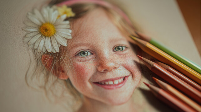Portrait drawing of a smiling girl with daisy in her hair using colored pencils art tutorial for beginners