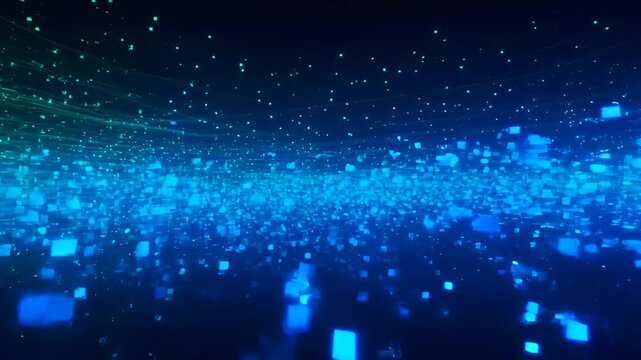 Blue abstract digital background with glowing square particle field deep space, glowing green and blue particles, light trails, futuristic motion texture, dark background, digital energy stream