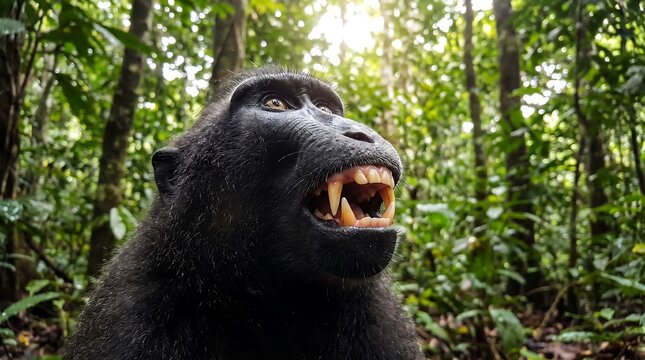 Close-up of a black macaque monkey with sharp teeth in a forest