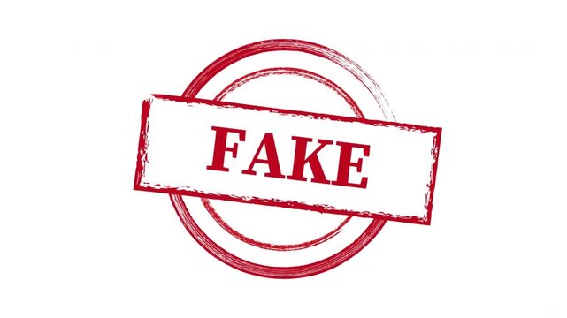 Red grunge FAKE stamp impression on white background for verification concept