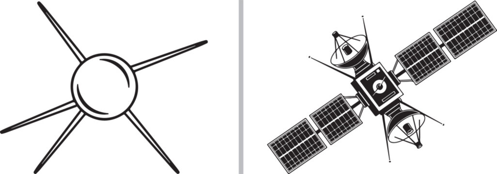 Black and white satellite vector illustrations of sputnik and modern orbital spacecraft isolated on white background