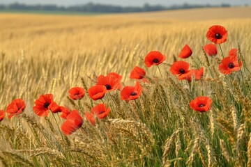 Fototapeta premium Vibrant Red Poppies Blooming in Golden Wheat Field on Sunny Summer Day