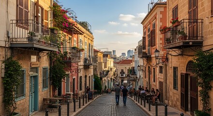 Obraz premium Historic street scene with buildings and people walking in sunlight