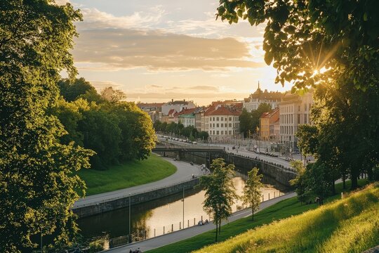 Sunlit Canals and Green Parks in Gothenburg City Center at Sunset