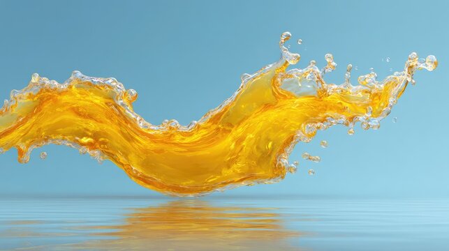 Vibrant Splash of Golden Liquid with Reflections on Calm Water Surface in a Clear Blue Background