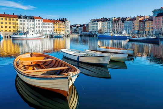 Fishing Boats Docked in Gothenburg Harbor on Sunny Clear Day