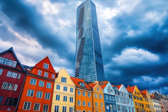 Turning Torso Towering Over Colorful Historic Houses in Malm?, Sweden