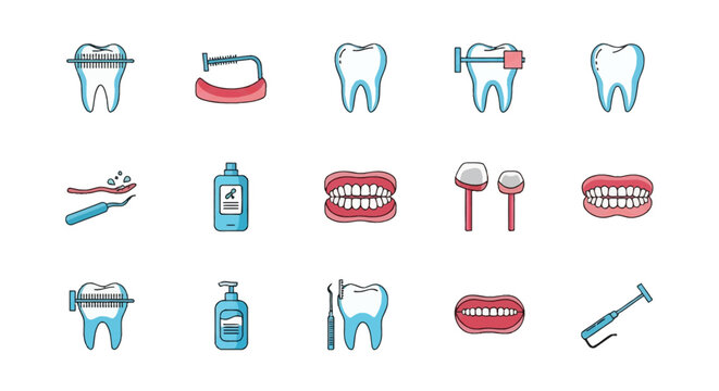 Comprehensive collection of dental care icons featuring molar teeth, orthodontic braces, dentures, interdental brushes, oral hygiene products, and professional dentistry tools on a white background.
