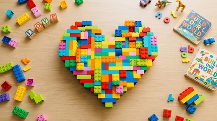 Naklejka premium Colorful Lego Heart Shape Made of Building Blocks on Wooden Surface