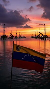 National flag of Venezuela with offshore oil drilling platforms at sunset