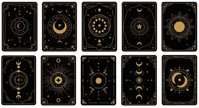 Collection of ten celestial tarot card back designs featuring gold sun, moon phases, stars, and crescent moons on a black background with mystical occult geometric and ornate borders.