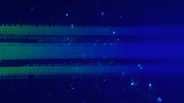 Abstract blue digital background with light streak and particle glow, futuristic technology texture featuring green and blue pixel pattern, gradient data stream motion design and glowing particles