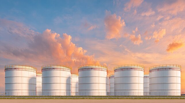 Industrial storage tanks at sunset with cloudy sky and vibrant colors highlighting an energy sector environment