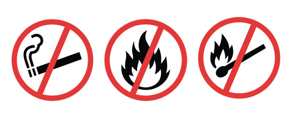 No smoking no open fire sign red prohibition circle with cigarette and flame icon for hazard prevention safety regulation and warning display © MDMILON 2