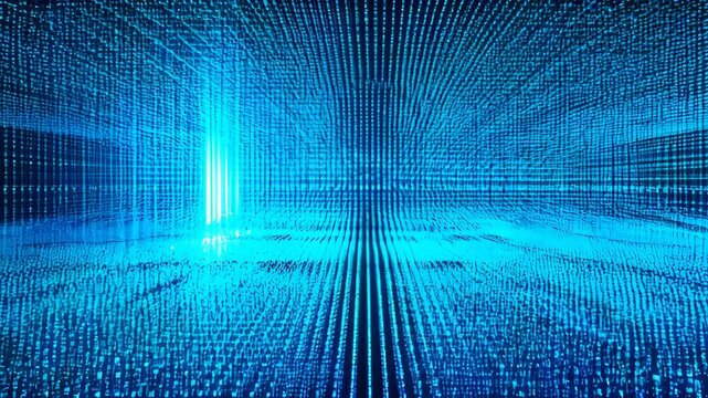 Digital data grid blue light abstract background glowing tunnel futuristic space code pattern network lines technology concept cyber landscape with green abstract digital matrix perspective glowing