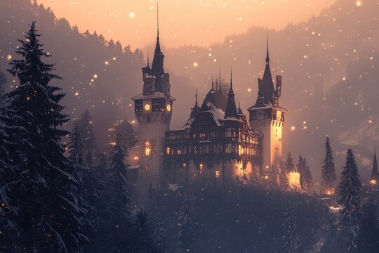 Peles Castle at Night in Snowy Misty Winter Forest with Glowing Lights