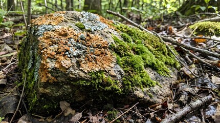 Fototapeta premium Moss and lichen on a rough rock in a forest setting.
