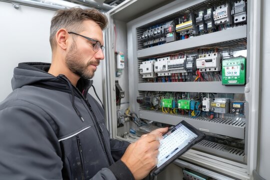 Electrician Programming Smart Relay System in Control Cabinet Using Tablet