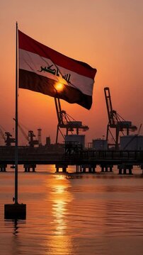 National Middle Eastern flag at sunset with industrial cranes and oil storage tanks in background