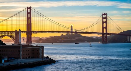 Fototapeta premium Iconic suspension bridge over water at sunset with distant hills