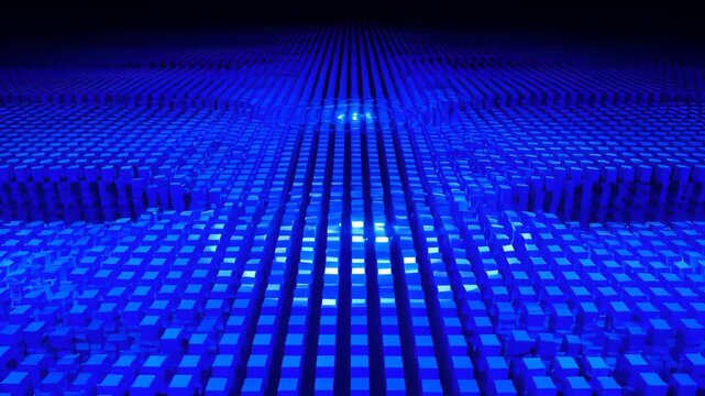 Abstract blue grid pattern digital background with geometric cube surface, glowing light, futuristic 3D design, symmetrical texture, and dark perspective lines for SEO searchable tech style background