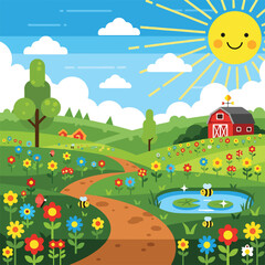 Naklejka premium A sunny farm landscape with a winding path and flowers