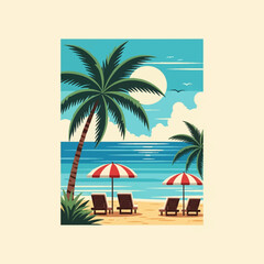 Obraz premium Retro tropical beach travel poster illustration featuring palm trees, red and white striped umbrellas with lounge chairs on the sand, turquoise ocean water, sun, and clouds in the sky.
