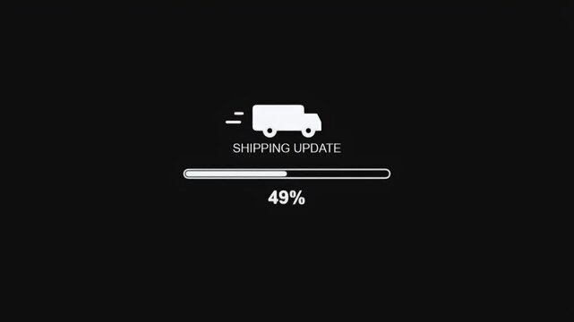 Minimalist motion graphic of a shipping update with a delivery truck icon and a loading bar filling up