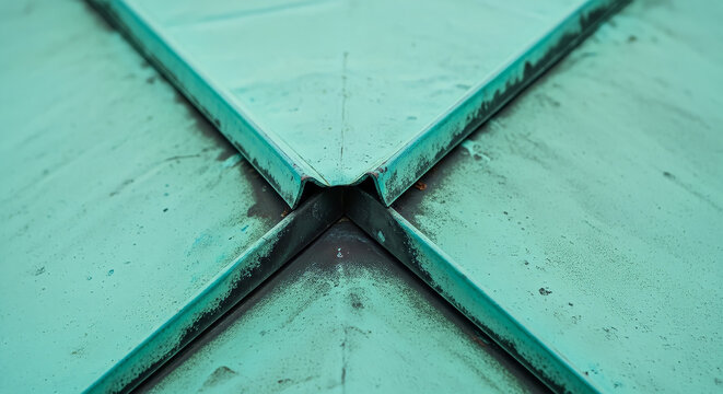 Macro Texture of Weathered Copper Roof with Turquoise Green Patina