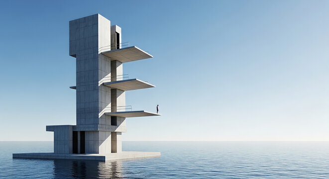 Monumental Brutalist Concrete Diving Platform Rising from Ocean