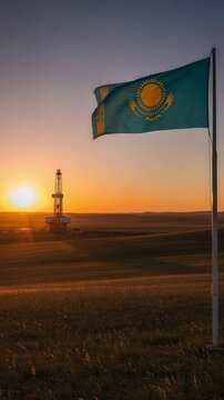 Kazakh Flag at Sunset Near Oil Rig in Rural Landscape with Drilling Equipment