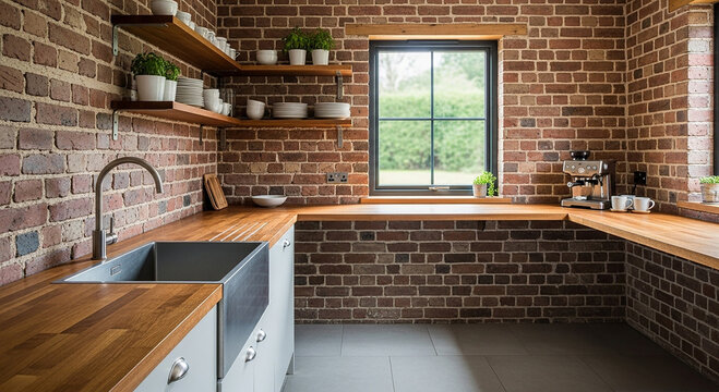Rustic kitchen with wooden countertops and brick walls wooden shelves white dishes