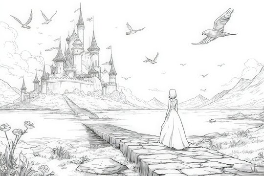 Princess Crossing Stone Bridge Toward Majestic Fantasy Castle Outline